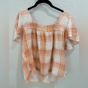 Caslon Orange and White Plaid square neck flutter sleeve blouse
